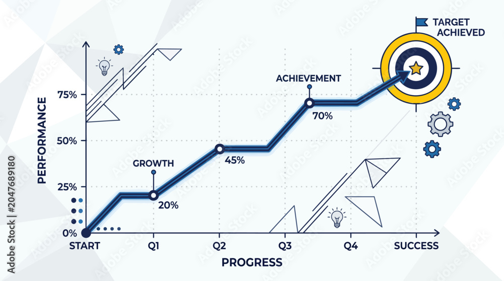 Fototapeta premium Business growth chart, target achieved, performance metrics, infographic elements, vector graph, success icons