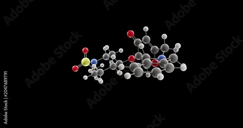 Opevesostat molecule, rotating 3D model of antineoplastic agent, looped video on a black background
