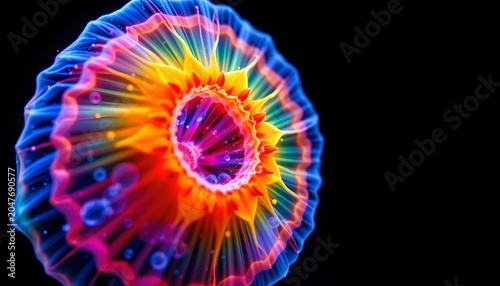The image displays a vibrant, abstract light display resembling a swirling, multicolored vortex against a solid black background