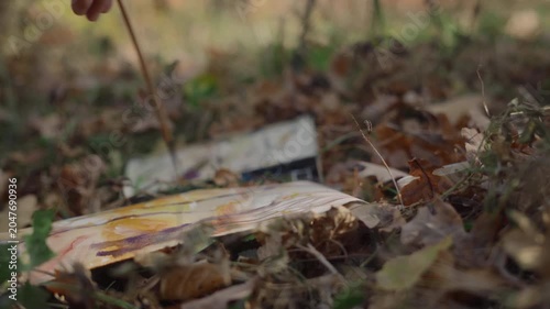 The artist paints an autumn landscape on the ground in the forest among fallen leaves