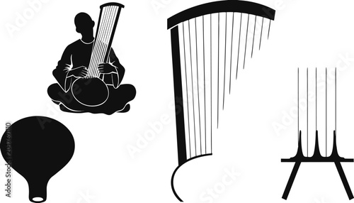 Konstfotografi Traditional String Instrument Silhouette Set – Harp, Lute, Koto, Guqin, World Mu