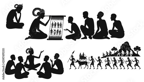 Ancient Traditional Teaching and Cultural Silhouette Set – Teacher, Students, Procession, Village Scene