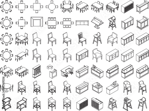 A comprehensive collection of line art icons representing various types of tables, chairs, and cabinets, ideal for interior design, architectural drafting, and graphic design projects.