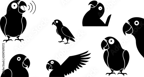 Bild auf Leinwand Cute Parrot Bird Silhouette Pattern Set – Tropical Macaw, Cockatoo Poses Vector