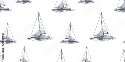 Sailing boats sketches seamless pattern, vector hand drawn background, wallpaper, paper