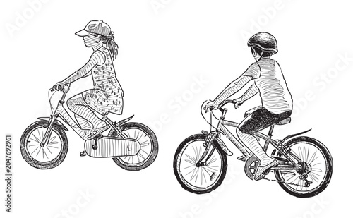Bild auf Leinwand Two children boy and girl riding bicycles on summer day, realistic sketch, vecto