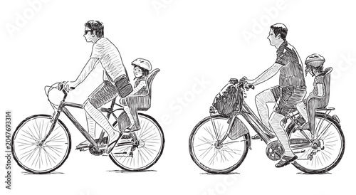 Fotografi Two young fathers cyclists with children riding bicycles, profile view, realisti