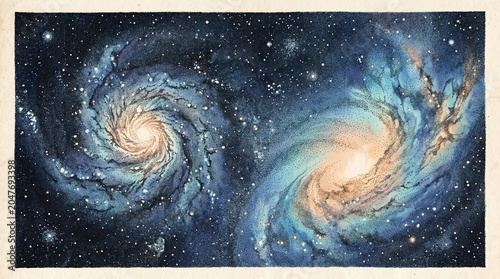 Two spiral galaxies collide in a starry night sky with swirling clouds