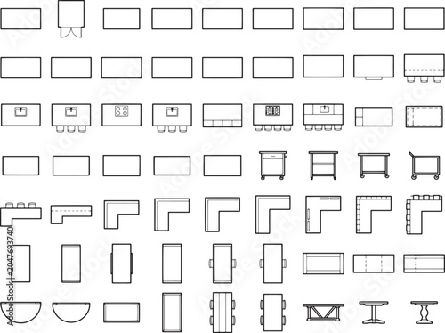 A collection of floor plan symbols for furniture and architectural elements, presented as a clean, monochromatic graphic resource for design and planning.