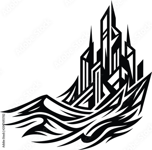 Fotografia A stark black and white tribal manner vector drawing depicting a majestic city skyline