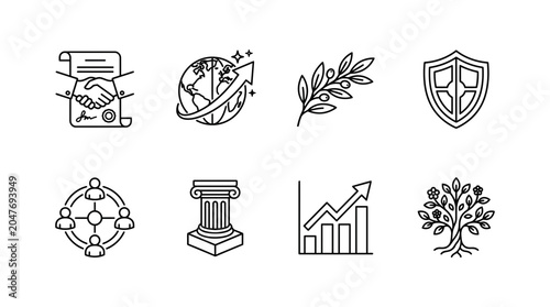 Collection of vector graphic icons representing business concepts and growth strategies