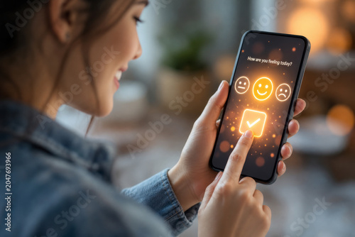 Smiling Woman Giving Positive Feedback on Smartphone App with Glowing Emoji Icons, Customer Satisfaction and User Experience Concept