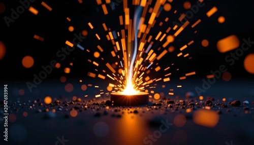 The image depicts a close up view of a metal disc with sparks and molten metal emanating from a central ignition point, creating a vibrant burst of light