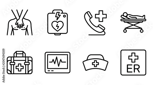 Medical emergency icons illustrating life saving equipment and emergency room services with clean graphic design