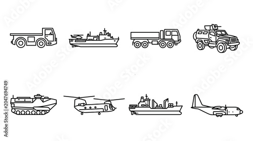 Collection of simplified outline vector illustrations depicting various military transportation vehicles and aircraft