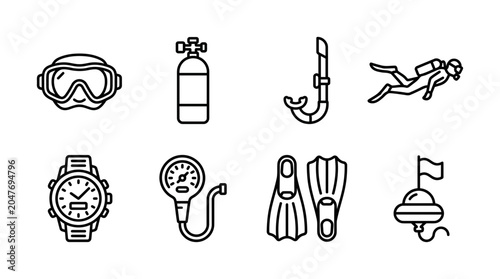 Collection of simple line art vector graphic icons representing scuba diving equipment and activity for design