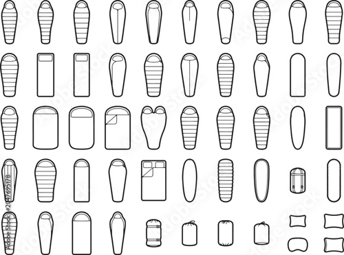 Collection of camping sleeping bag icon sets, various types and designs, isolated on a white background.