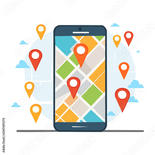Smartphone with map and location pins, flat design