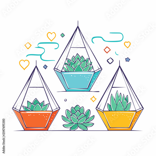 Succulent plants in geometric terrariums, flat design illustration