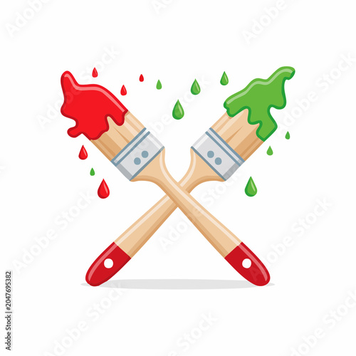 Two crossed paint brushes with red and green paint
