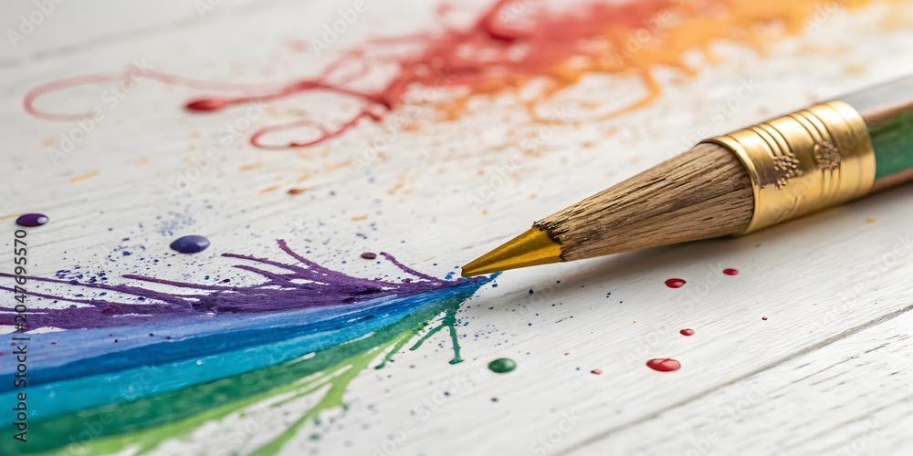 Obraz premium Artist pencil drawing colorful rainbow on white surface.