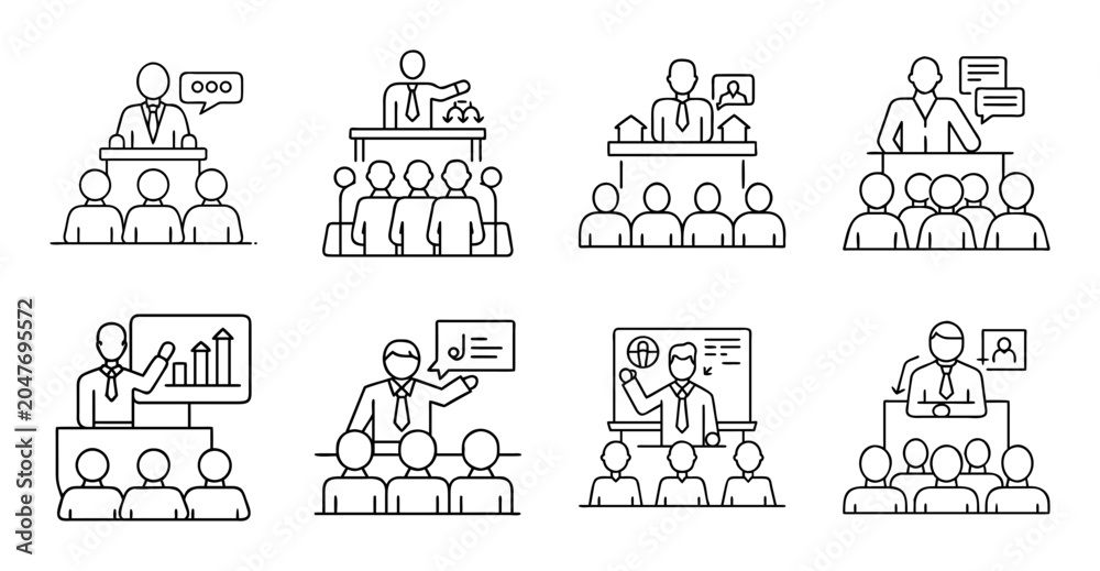Obraz premium Business team presenting ideas with audience feedback - Flat vector illustration of a diverse team discussing and presenting concepts to an engaged audience in a meeting setting