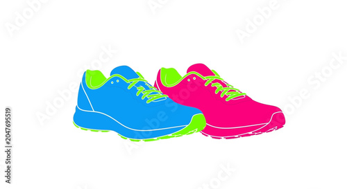 Fotografia Pair of Neon Pink and Blue Running Shoes with Green Laces, Isolated