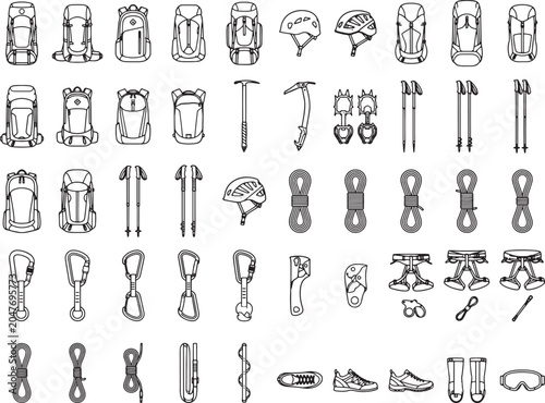 An organized collection of line art illustrations depicting essential mountaineering and climbing equipment, neatly arranged in a grid format.