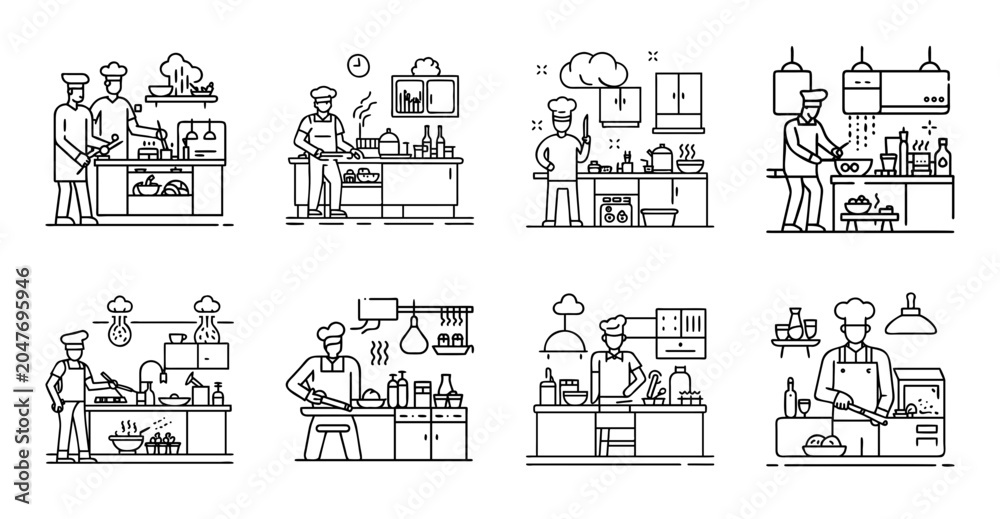 Obraz premium Flat icons of people doing daily activities - Colorful flat icons showing people engaged in everyday tasks like shopping, cooking, and working.