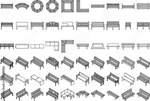 A collection of architectural drawings and sketches of various outdoor seating options and structures, showcasing different designs for park benches, garden seating, and urban furniture.