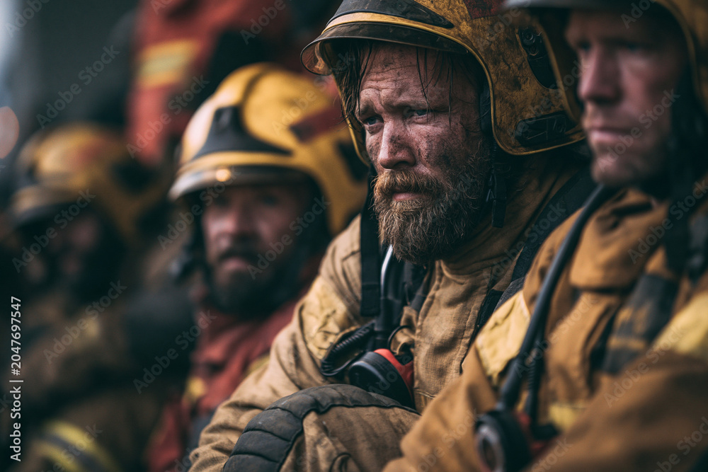 Fototapeta premium Firefighters in Action: Brave Heroes in Gear | Teamwork and Courage in Emergency Rescue