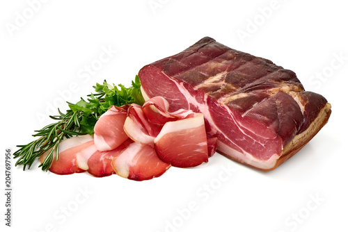 Smoked Ham (Speck) with Slices, Rosemary, and Salad on White Background