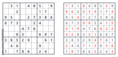 Картината върху платно Sudoku puzzle grid with completed and uncompleted sections