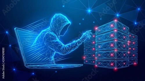 Digital Hacker Analyzing Cyber Network in Futuristic Low-Poly Style