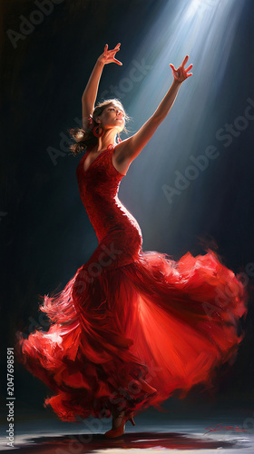 Flamenco Dancer in Red Dress: Elegant Movement and Expression Under Spotlight