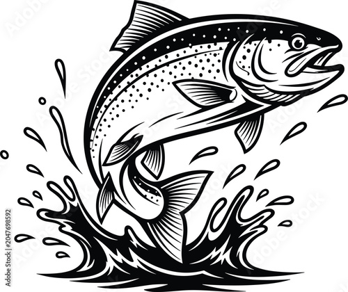 Leaping trout fish jumping out of water splashing
