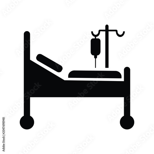 Hospital Bed Icon With IV Drip Symbol Representing Patient Care, Medical Treatment And Recovery