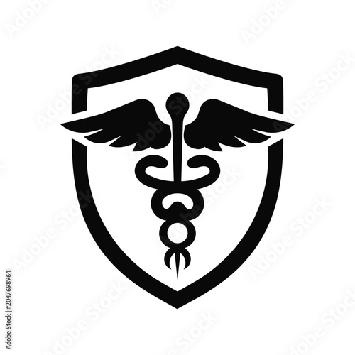 Medical Caduceus Shield Emblem for Healthcare, Protection and Insurance Logo Design