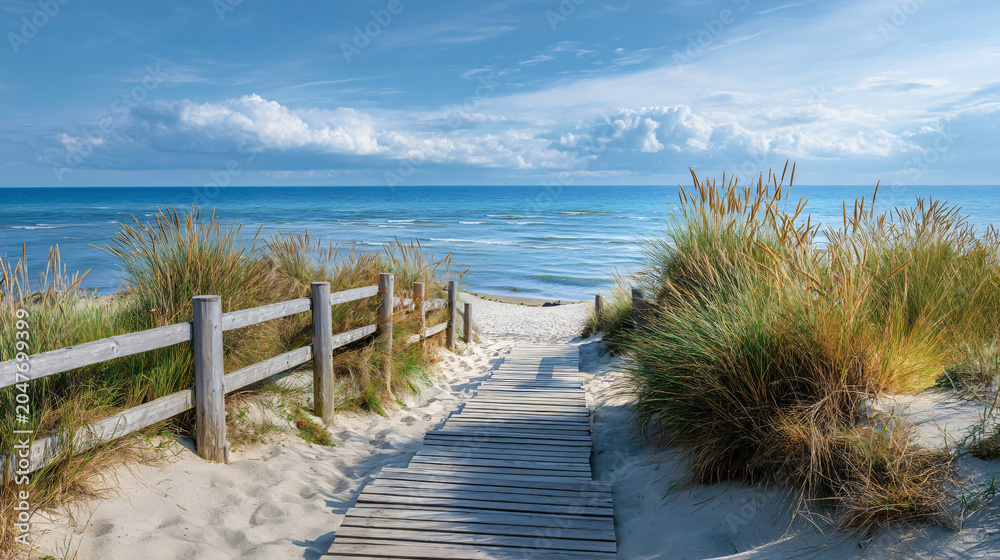 Fototapeta premium Path to Paradise: A weathered wooden boardwalk winds through sandy dunes and tall sea grass, leading to a tranquil blue ocean under a cloudy sky.