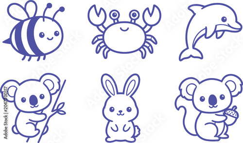 Photography Cute animal icons with bee crab dolphin koala rabbit