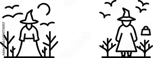 Fotografie Woman sorceress witch in black dress and pointy hat with flying birds and moon in nature vector illustration