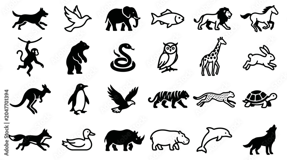 Fototapeta premium Collection of black and white animal silhouettes, showcasing a diverse range of creatures from mammals and birds to reptiles and marine life in a graphic style