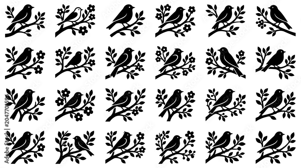 Fototapeta premium A charming collection of black and white bird silhouettes perched on branches with delicate floral elements, creating a whimsical and nature-inspired graphic design