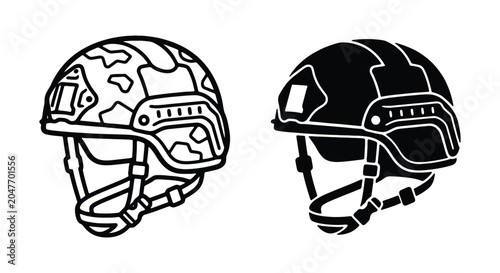Set of tactical military helmets, outline and silhouette icons
