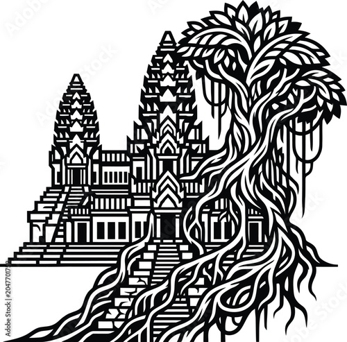 Photos A striking monochromatic vector sketch of the ancient angkor wat temple complex entwined with a large sacred tree