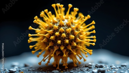 The image depicts a highly detailed, close up view of a virus particle with a spherical core covered in numerous spike like structures protruding outward