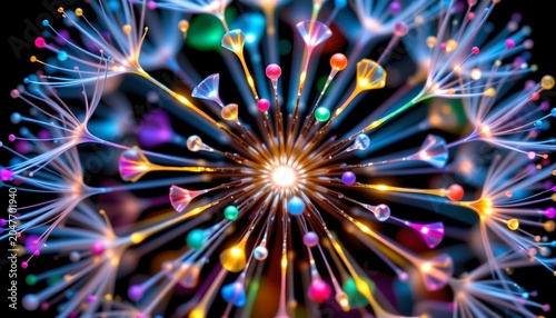 The image depicts an abstract visual resembling a burst of colorful, glowing particles radiating outward from a bright central point