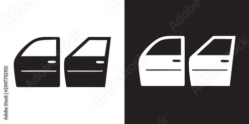 Minimalist Black Silhouette of Two Stylized Car Doors - Modern Automotive Vehicle Parts Symbol, Automobile Sedan Panel Window Graphic, and Car Repair Service Silhouette Vector
