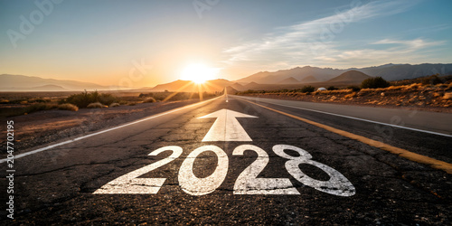 Desert highway with year 2028 marking and arrow pointing towards glowing mountain sunrise.