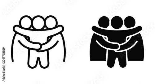 Three people hugging icon, group of friends or team members standing together with arms around each other, unity and friendship concept, vector illustration